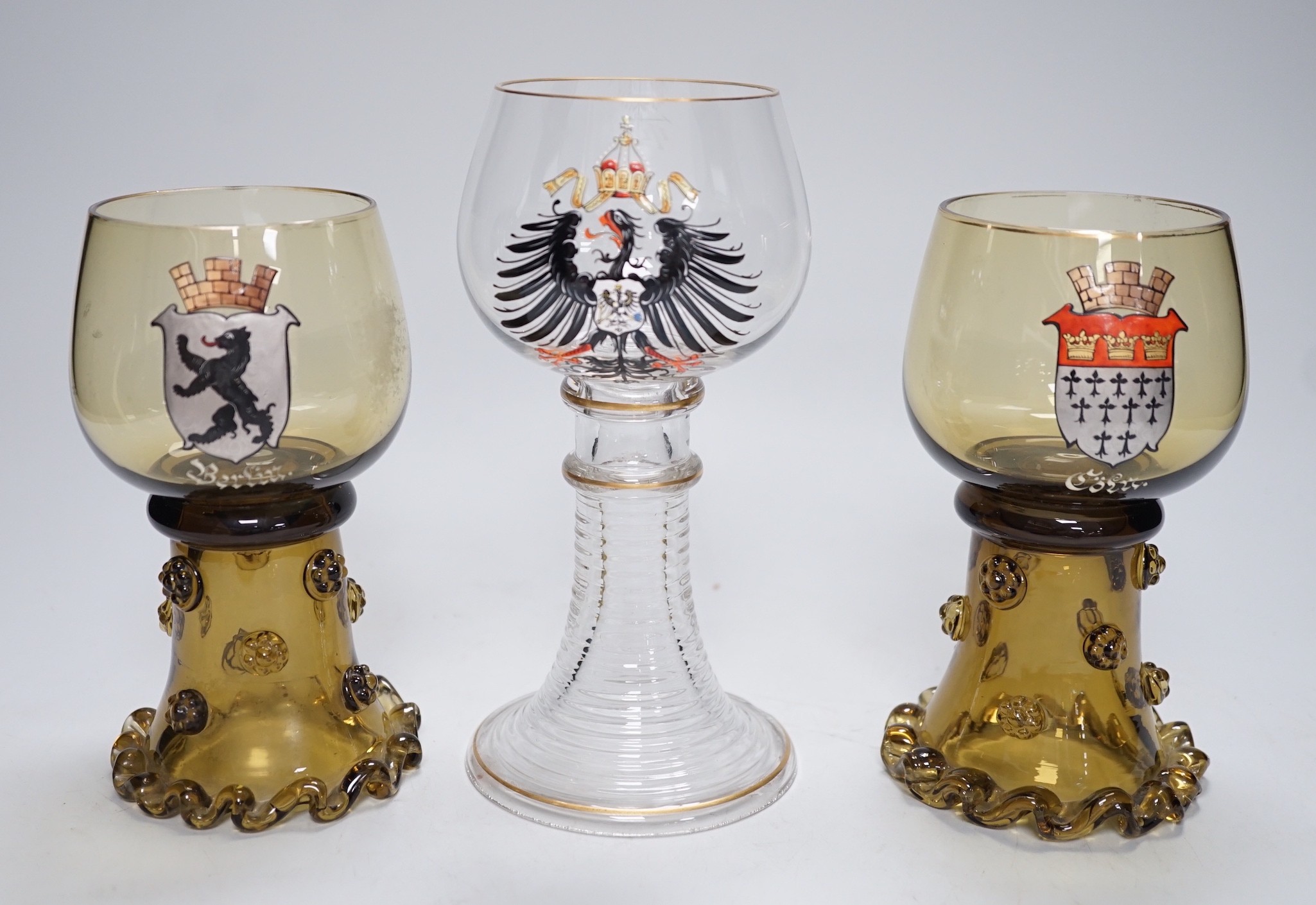 A set of six German enamelled green hock glasses, another larger hock glass and a pair of similar clear hock glasses (10)
